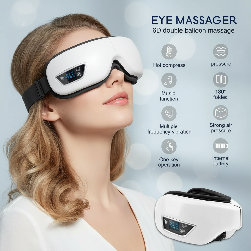 FamSphere™ Heated Eye Massager on light blue background for eye strain and relaxation.