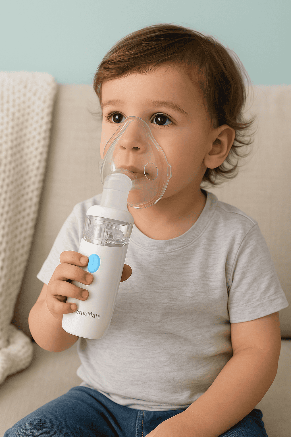 Child using BreatheMate Quiet Nebulizer with mask for safe relief