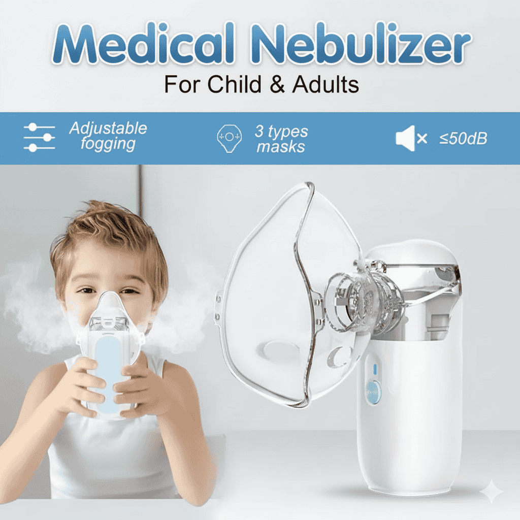 BreatheMate Quiet Nebulizer highlighting silent operation, instant relief, and portability