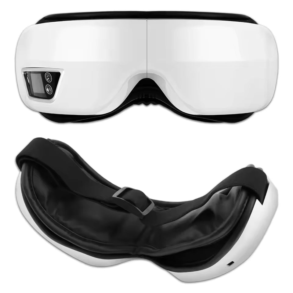 Close-up view of FamSphere™ Eye Massager showing soft padding and control buttons.