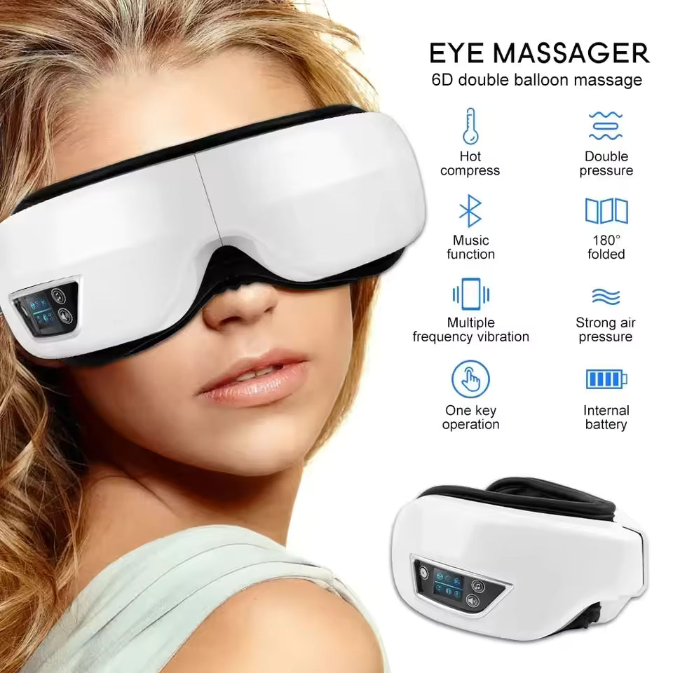 FamSphere™ Eye Massager highlighting soothing heat, air compression, and Bluetooth music.