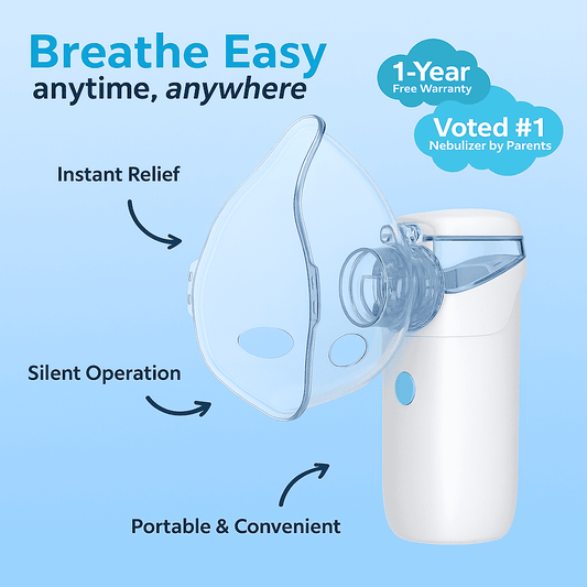BreatheMate Quiet Nebulizer with 1-year warranty guarantee badge