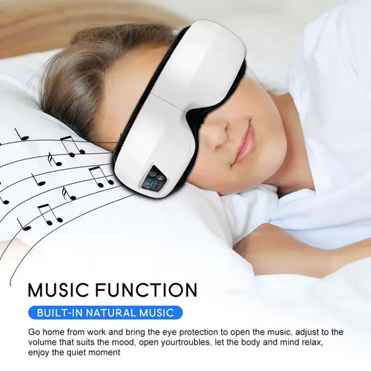 Woman wearing FamSphere™ Heated Eye Massager while relaxing in living room.
