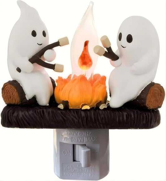 Ghost campfire plug-in night light with two ghosts roasting marshmallows over a flickering flame — Halloween décor